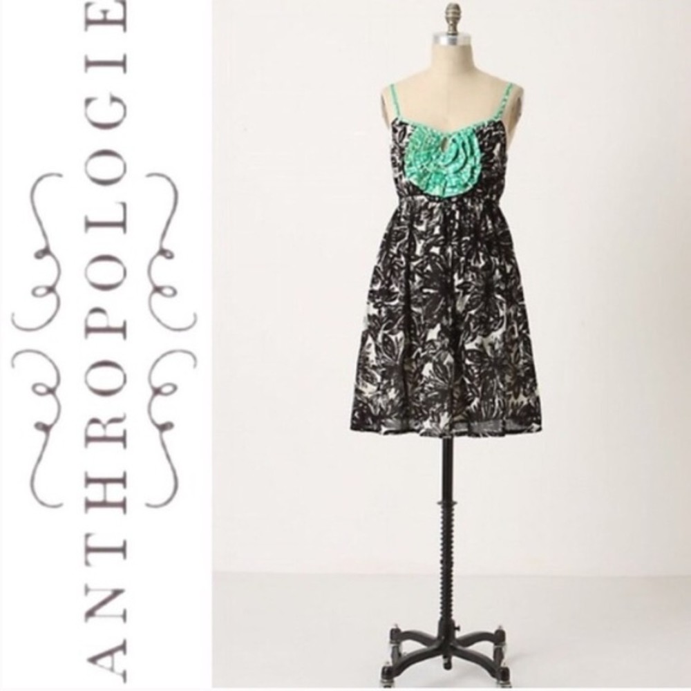 ANTHROPOLOGIE WE LOVE VERA BLACK FLORAL STAMP ART DRESS SUNDRESS SIZE 0